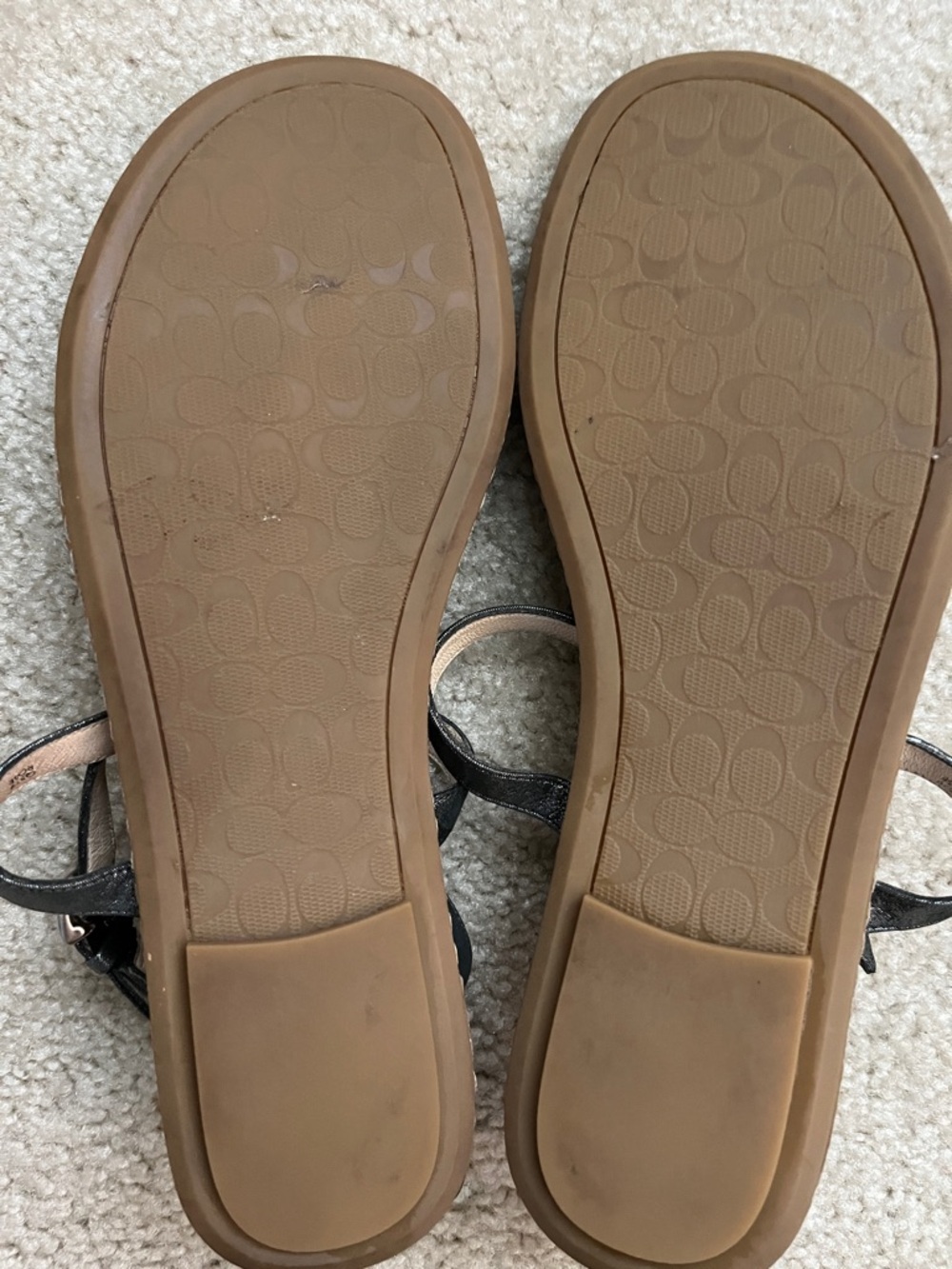 COACH Metallic Grey Floral T-Strap Leather Sandals - Picture 6 of 6